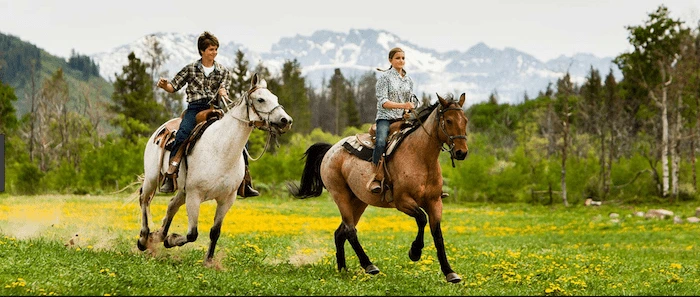 Confident plus-size woman riding West Drayton a horse through a field with a smile on her face.